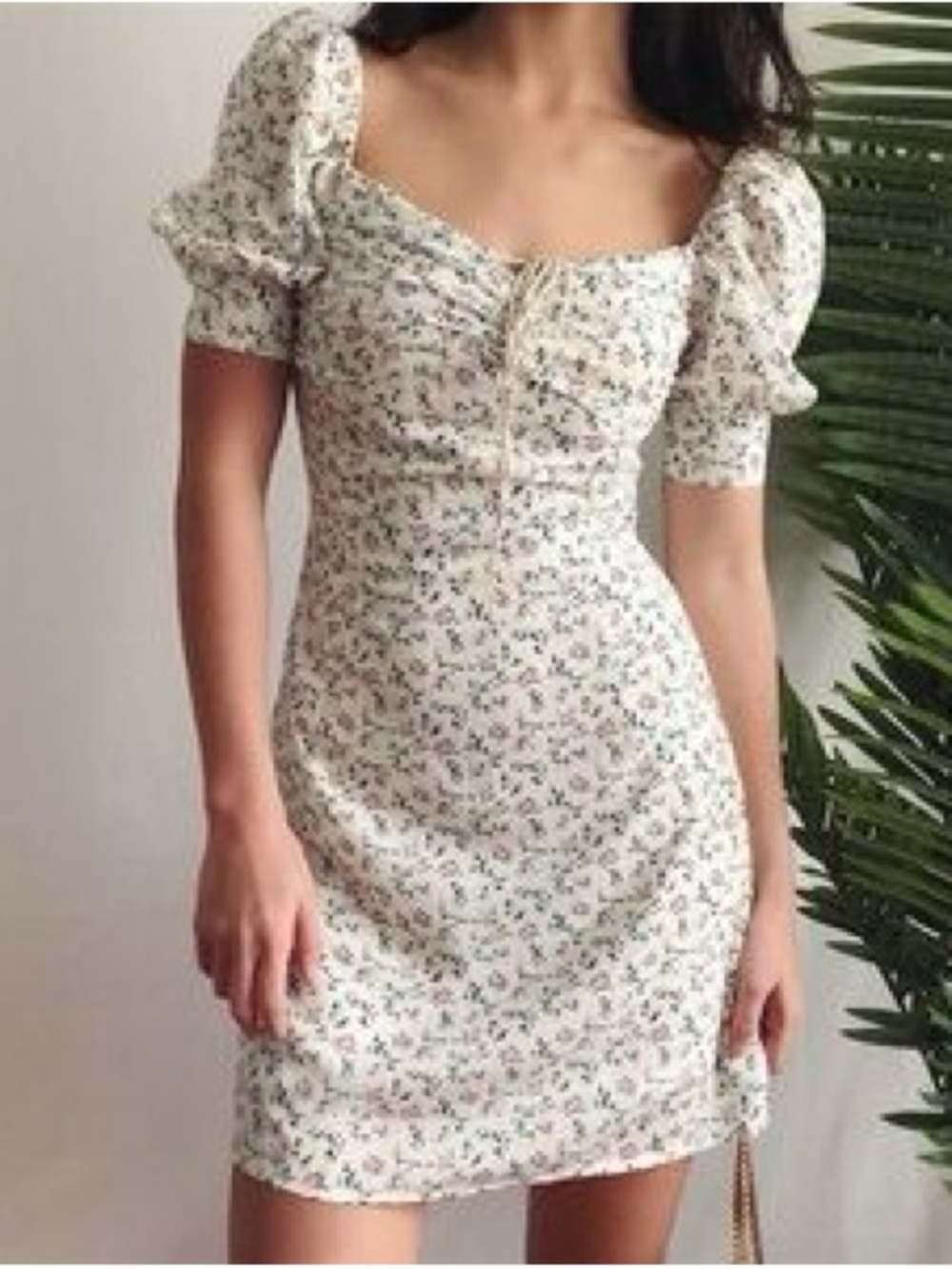 Floral Puff-Sleeve Mini Dress in Cream cottage coquette